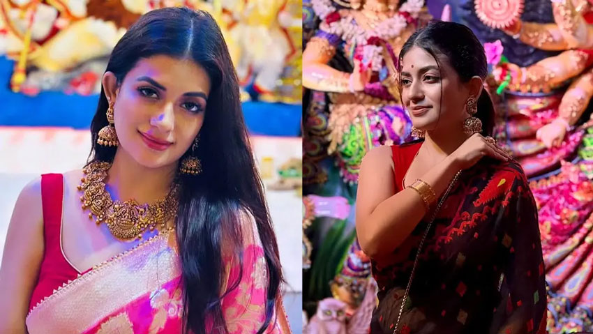 পূজার সাজে মন্দিরা, দিলেন সম্প্রীতির বার্তা